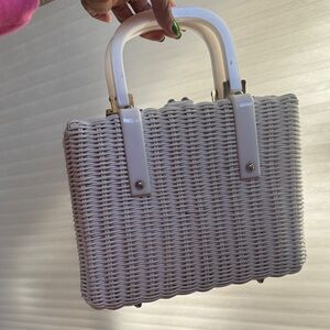 Vintage 1960s White Wicker Box Purse w/ Lucite Handles | Mid-Century Handbag